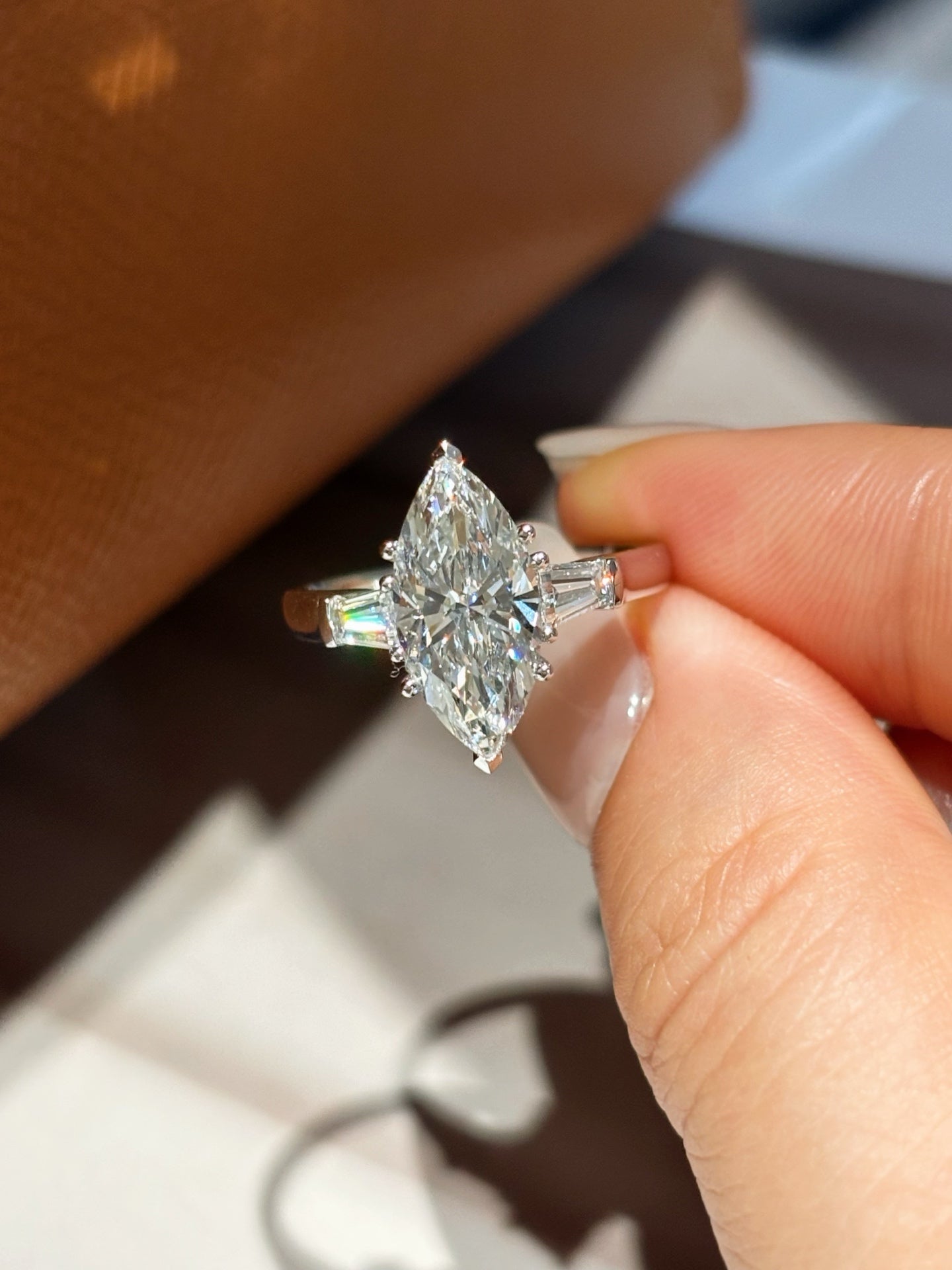 PT950 Platinum Lab Grown Diamond Marquise Three-Stone Engagement Ring (2.01ct D Color) – Tapered Baguette Side Stones