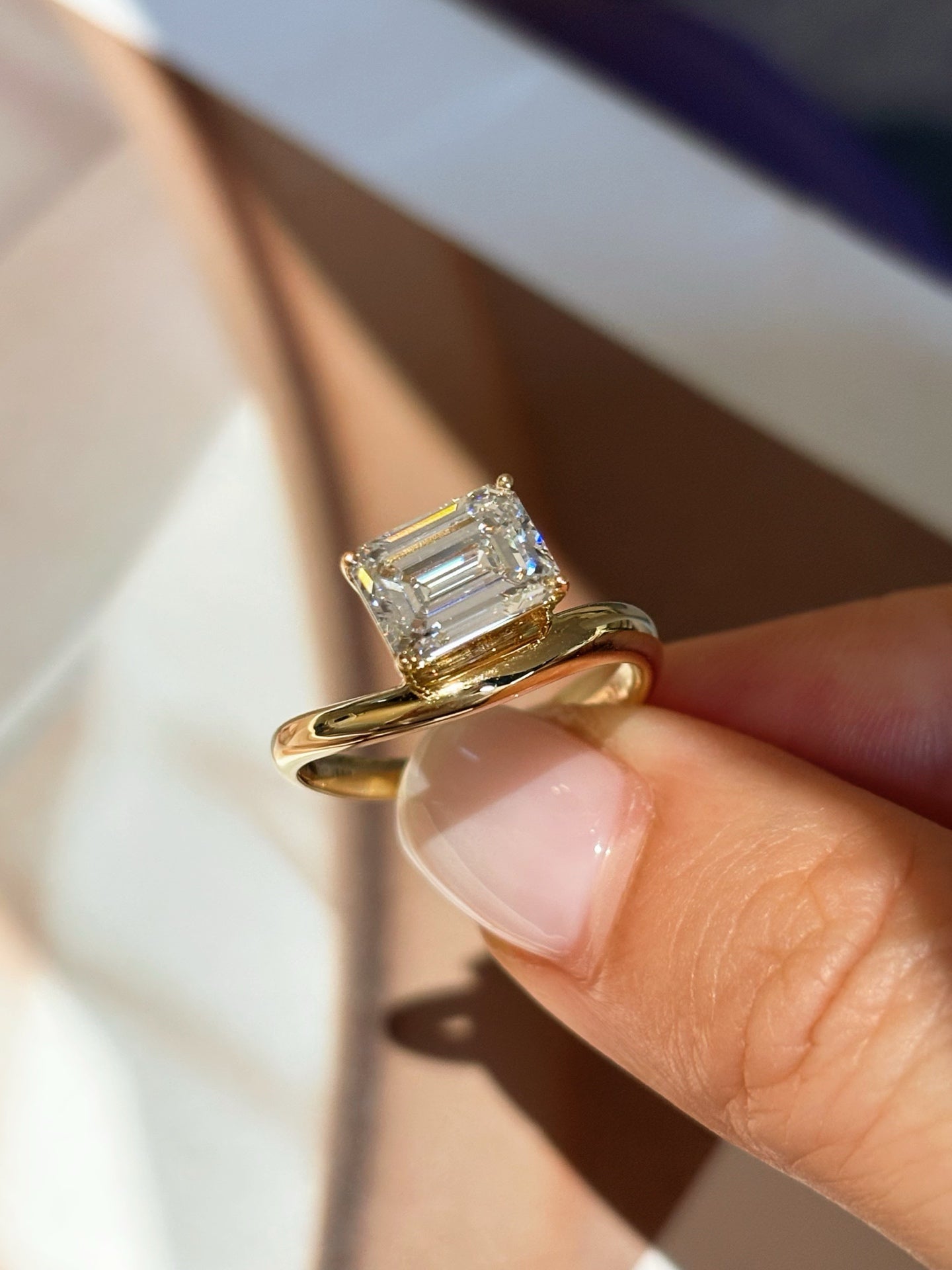18K Yellow Gold 2.01ct D Color Emerald Cut Lab Grown Diamond Bypass Ring - "Aether Signet" Collection