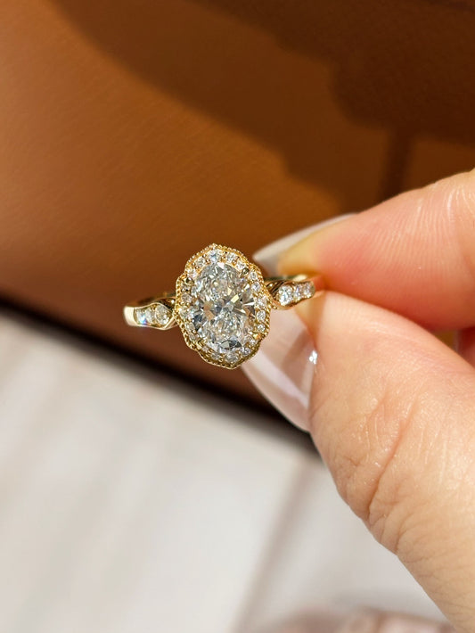 18K Yellow Gold 1.02ct Oval Lab Grown Diamond Vintage Halo Ring | D Color