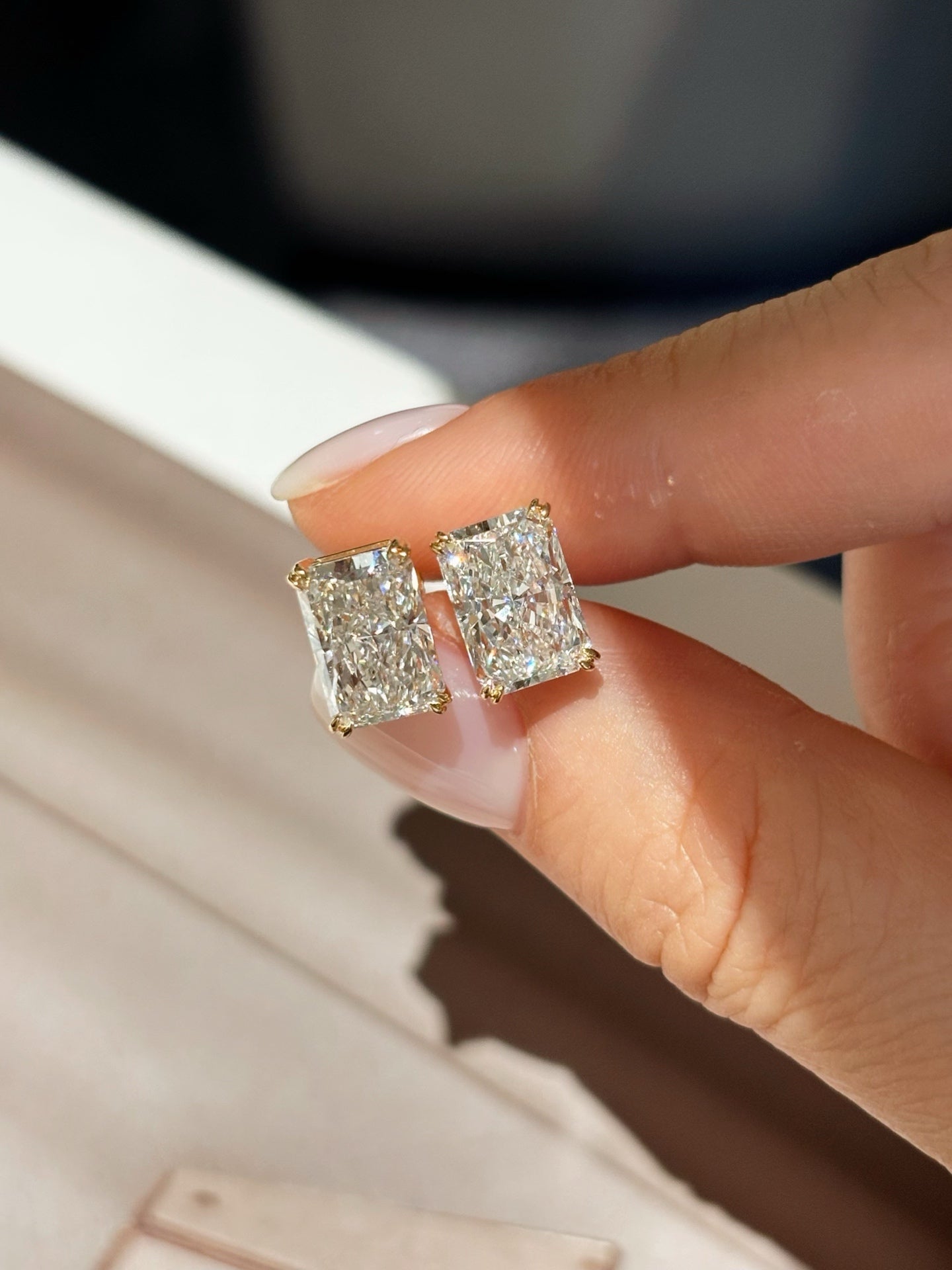 18K Yellow Gold 4.12ct Radiant Cut Lab Grown Diamond Stud Earrings | D Color