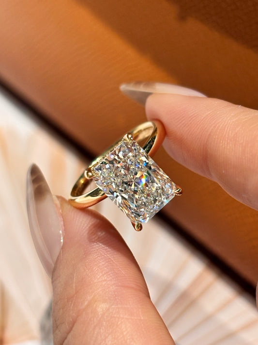 18K Yellow Gold 5.06ct Radiant Cut Lab Grown Diamond Ring | D Color, Classic Four-Prong Solitaire