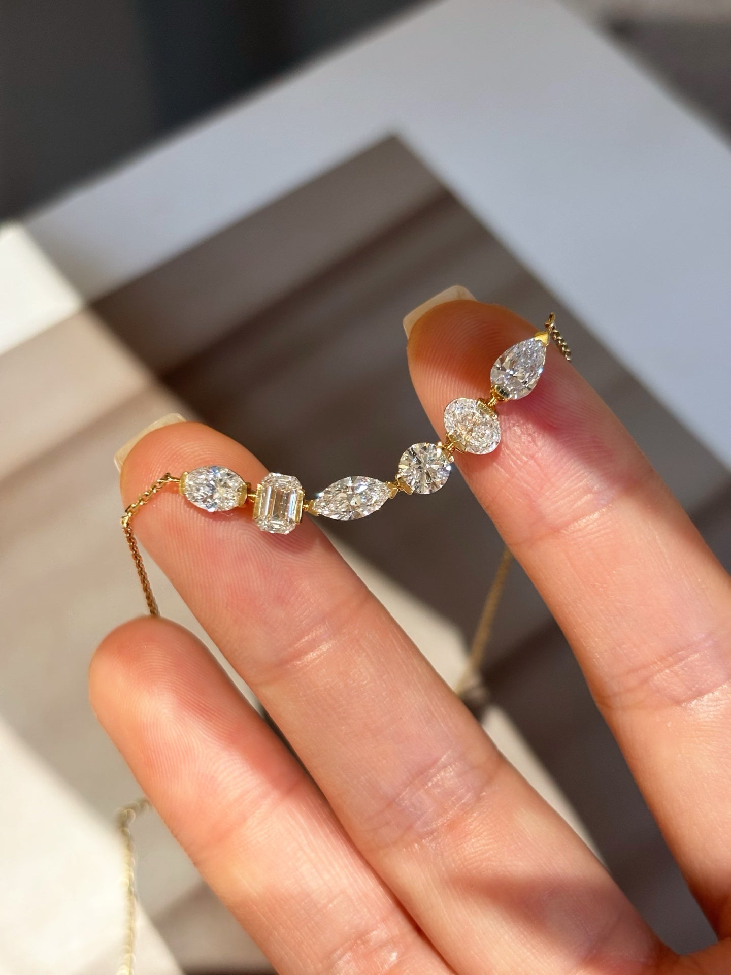 18K Yellow Gold Mixed Cut Lab Grown Diamond Necklace (2.031ct D Color) – Curved Bar Design