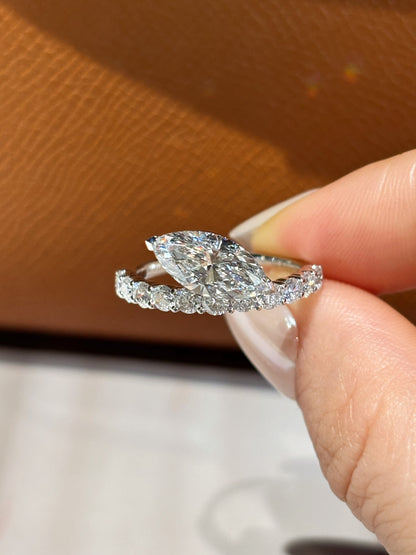 PT950 Platinum Lab Grown Diamond Marquise Engagement Ring (1.52ct D Color) – Pavé Setting