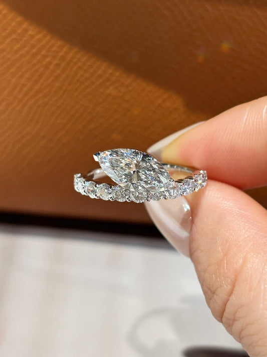 PT950 Platinum Lab Grown Diamond Marquise Engagement Ring (1.52ct D Color) – Pavé Setting