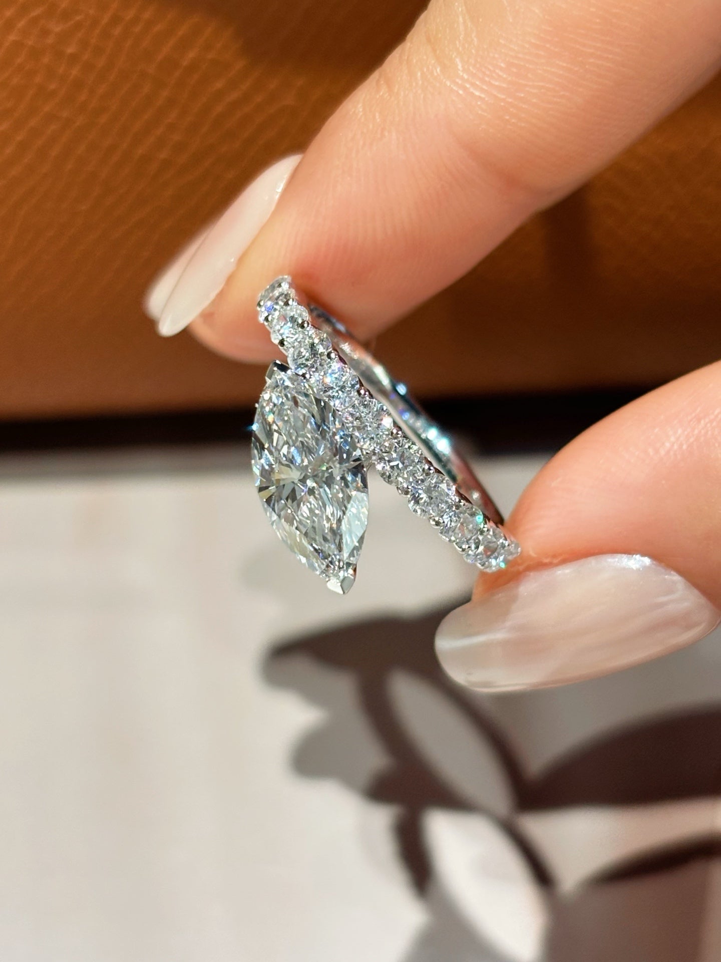 PT950 Platinum Lab Grown Diamond Marquise Engagement Ring (1.52ct D Color) – Pavé Setting