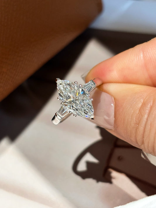 PT950 Platinum Lab Grown Diamond Marquise Three-Stone Engagement Ring (2.01ct D Color) – Tapered Baguette Side Stones