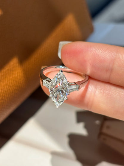 PT950 Platinum Lab Grown Diamond Marquise Three-Stone Engagement Ring (2.01ct D Color) – Tapered Baguette Side Stones