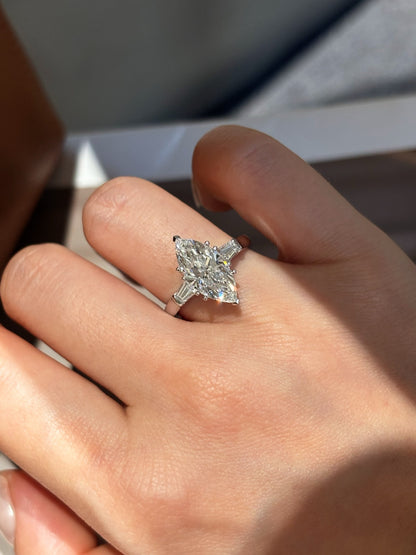 PT950 Platinum Lab Grown Diamond Marquise Three-Stone Engagement Ring (2.01ct D Color) – Tapered Baguette Side Stones
