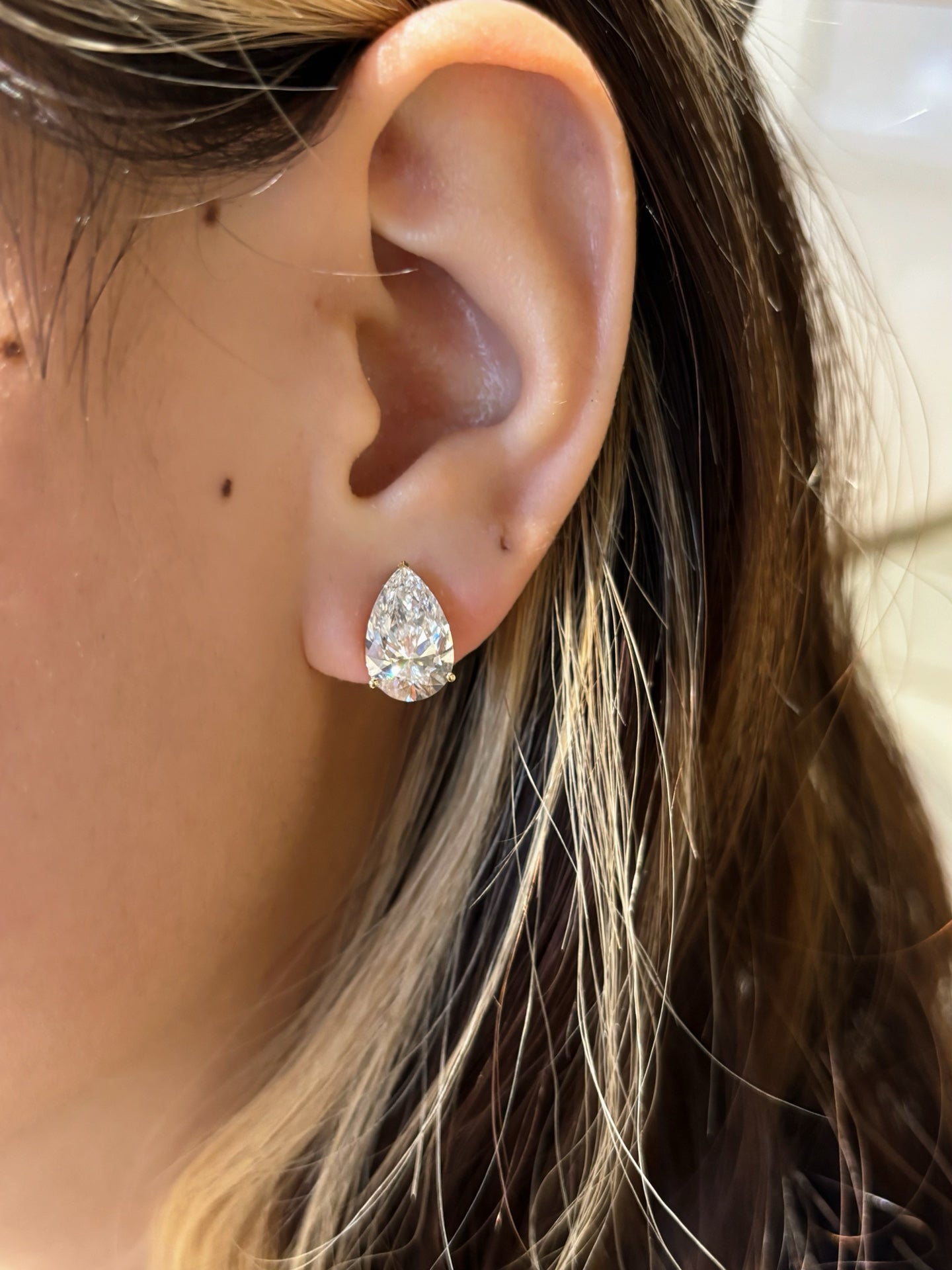 18K Yellow Gold 6.04ct D Color Pear Cut Lab Grown Diamond Solitaire Stud Earrings - "Aurora Teardrop" Collection