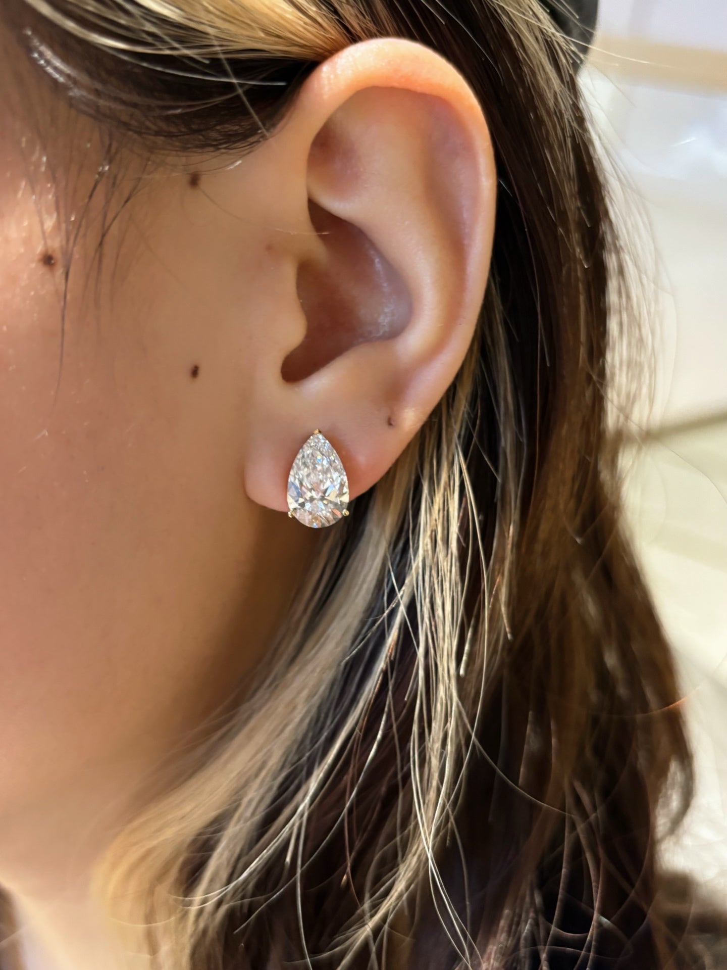 18K Yellow Gold 6.04ct D Color Pear Cut Lab Grown Diamond Solitaire Stud Earrings - "Aurora Teardrop" Collection