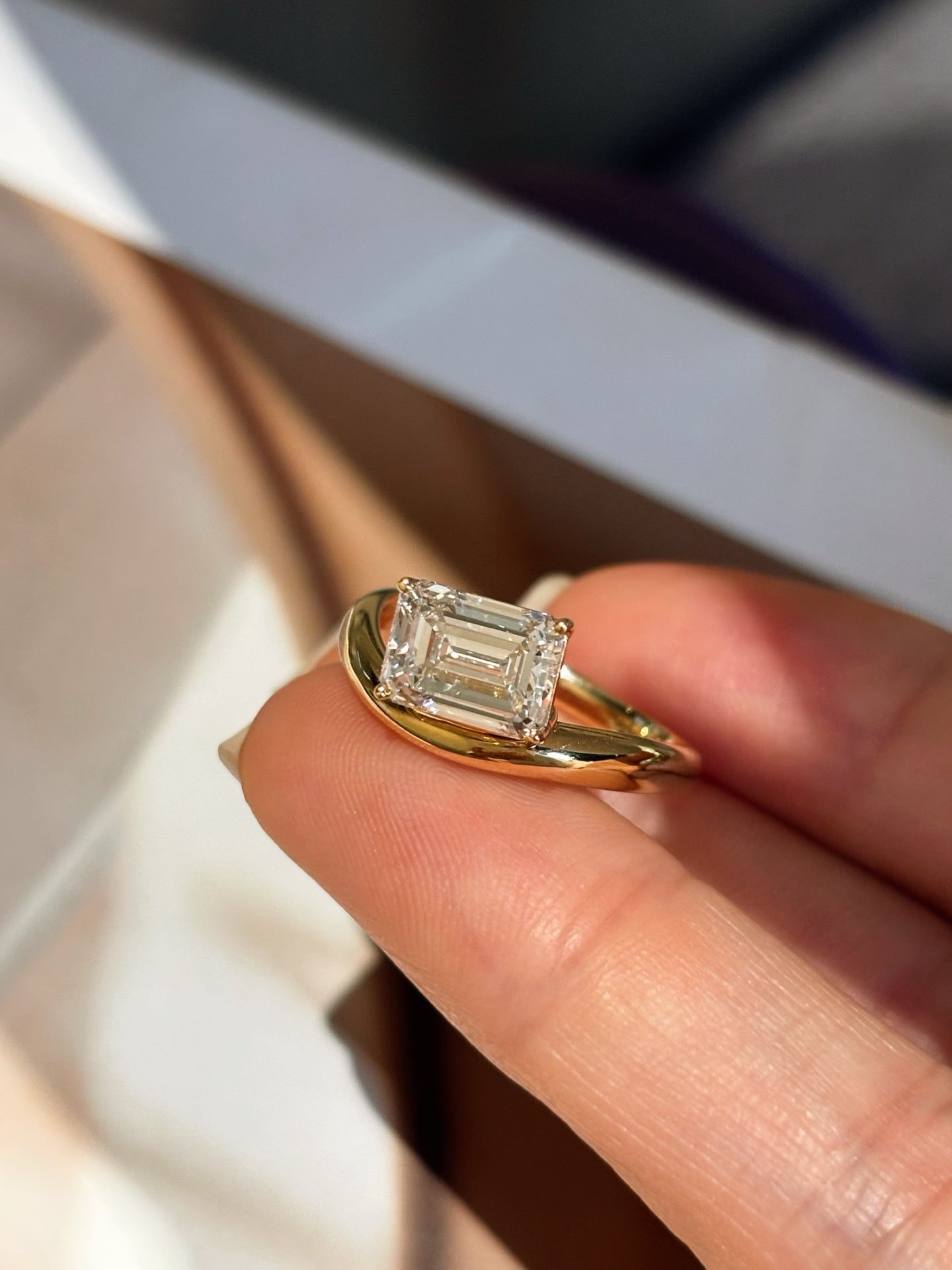 18K Yellow Gold 2.01ct D Color Emerald Cut Lab Grown Diamond Bypass Ring - "Aether Signet" Collection