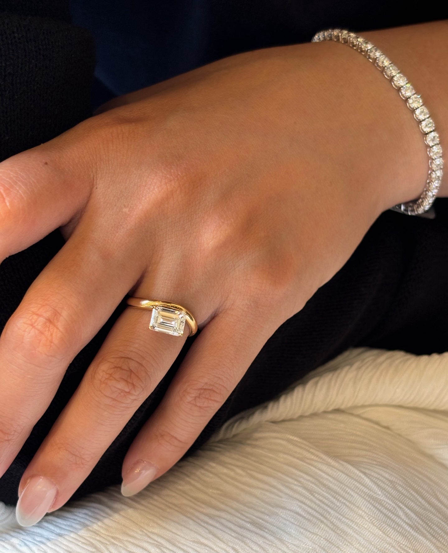 18K Yellow Gold 2.01ct D Color Emerald Cut Lab Grown Diamond Bypass Ring - "Aether Signet" Collection
