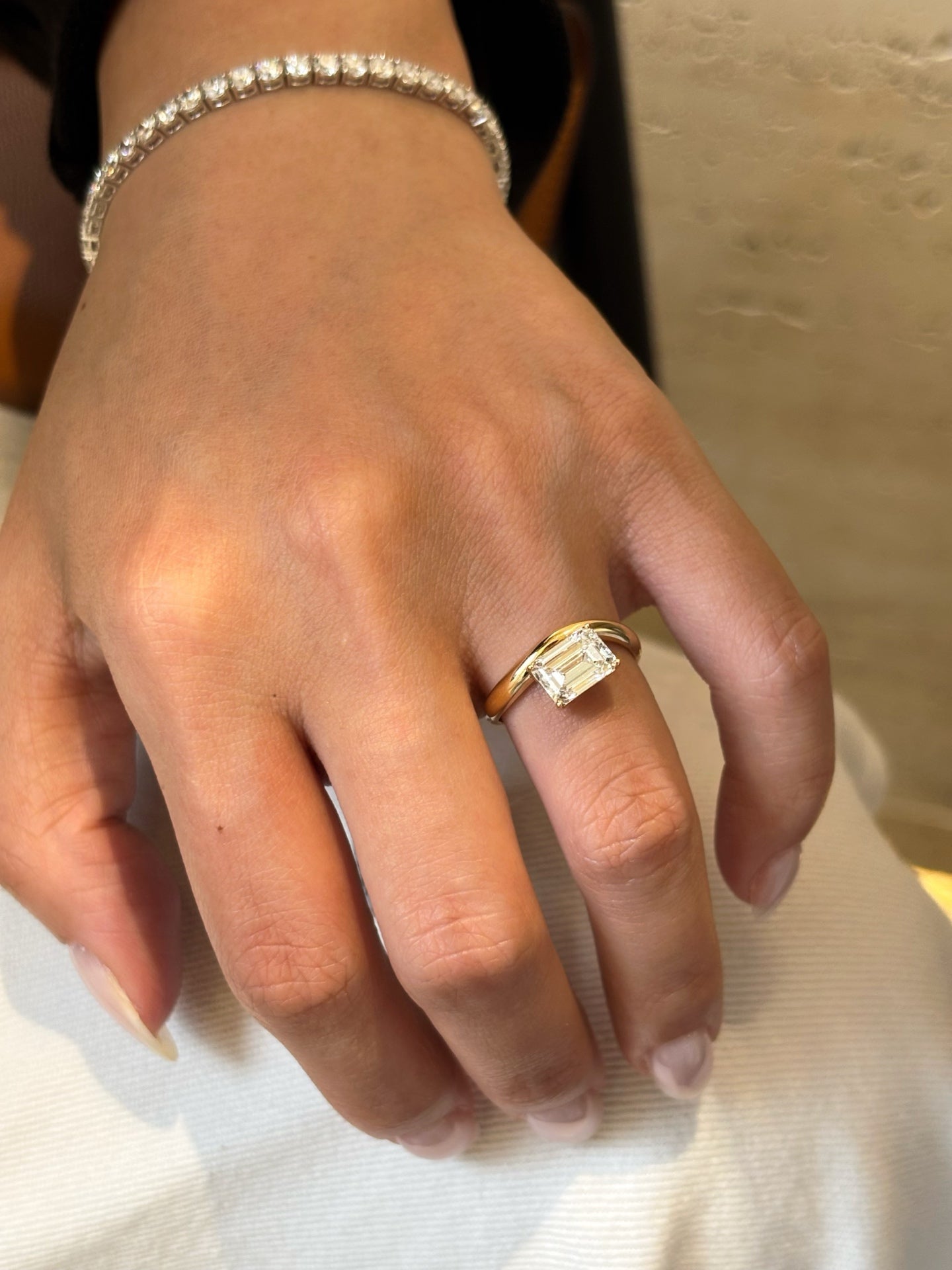 18K Yellow Gold 2.01ct D Color Emerald Cut Lab Grown Diamond Bypass Ring - "Aether Signet" Collection
