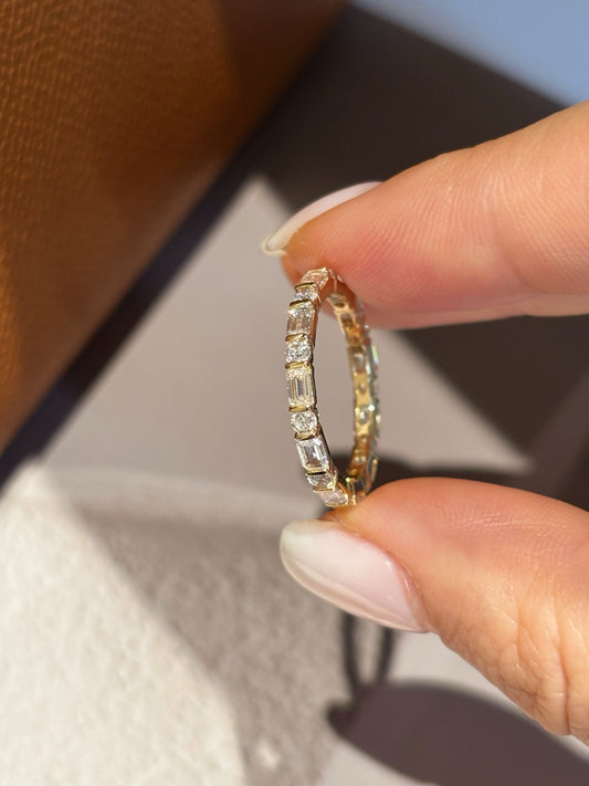 18K Yellow Gold 0.898ct D Color Emerald Cut Lab Grown Diamond Eternity Band Ring - "Lumina Stack" Collection