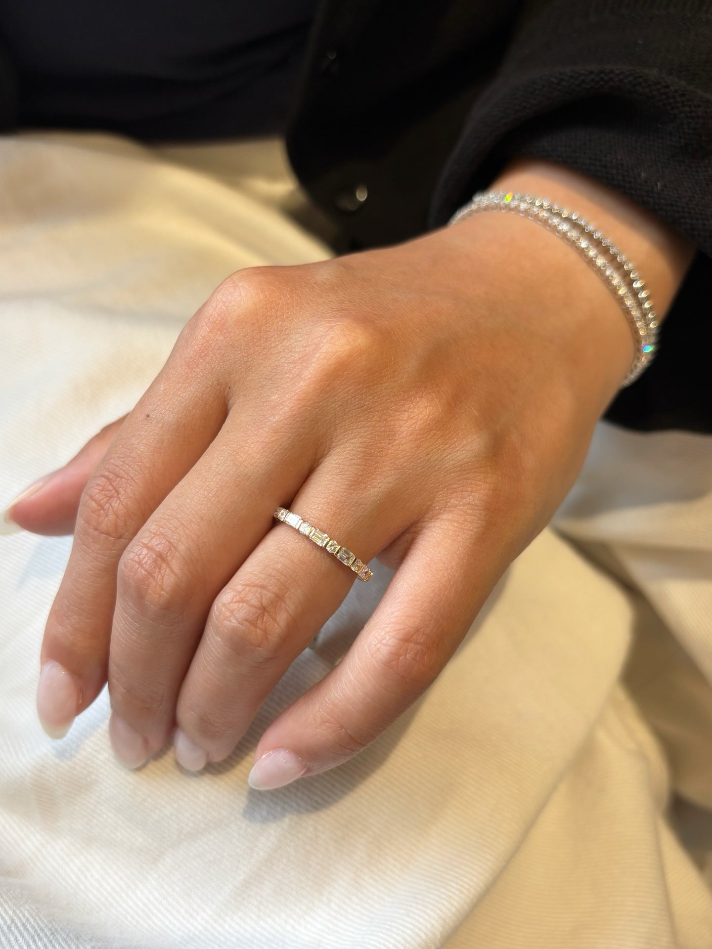 18K Yellow Gold 0.898ct D Color Emerald Cut Lab Grown Diamond Eternity Band Ring - "Lumina Stack" Collection