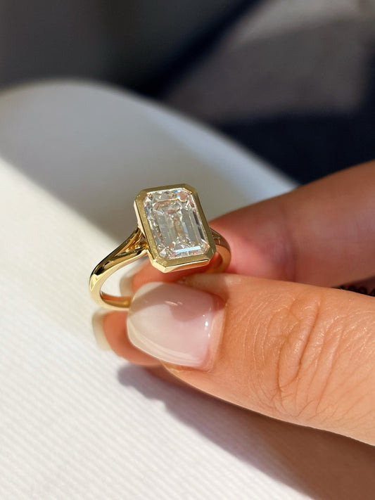 18K Yellow Gold 3.027ct D Color Emerald Cut Lab Grown Diamond Bezel Set Ring - "Nova Solitaire" Collection