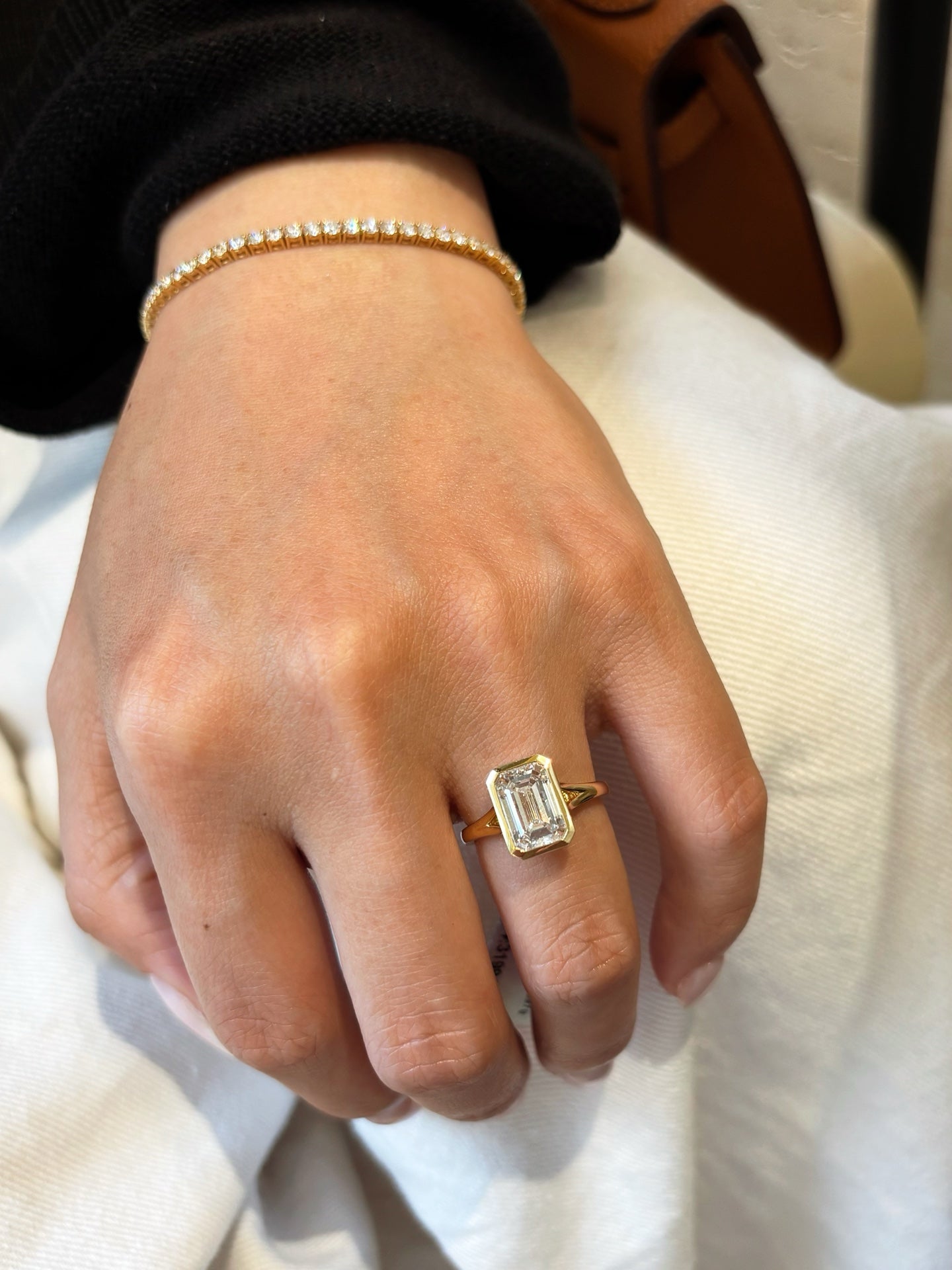 18K Yellow Gold 3.027ct D Color Emerald Cut Lab Grown Diamond Bezel Set Ring - "Nova Solitaire" Collection