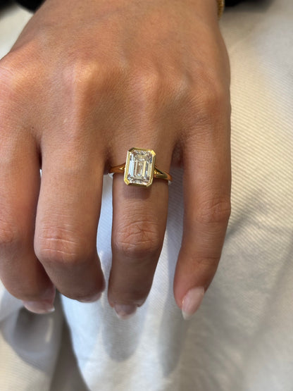 18K Yellow Gold 3.027ct D Color Emerald Cut Lab Grown Diamond Bezel Set Ring - "Nova Solitaire" Collection