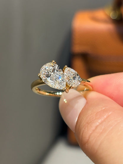 18K Yellow Gold 1.5ct D Color Oval Cut Lab Grown Diamond Toi Et Moi Ring - "Duet Bloom" Collection