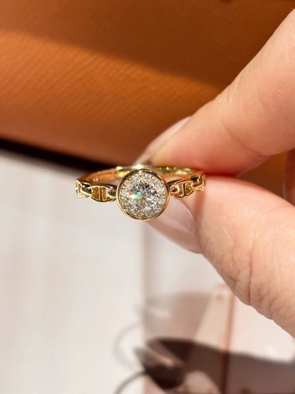 18K Yellow Gold 0.327ct Total D Color Round Brilliant Cut Lab Grown Diamond Halo Chain Link Ring - "Chic Link" Collection