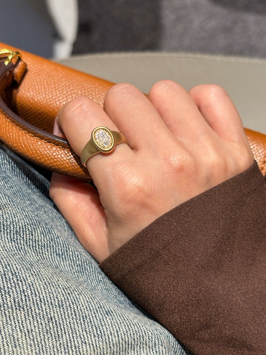 18K Yellow Gold 0.156ct Total D Color Pave Set Oval Lab Grown Diamond Signet Ring - "Vintage Oval" Collection