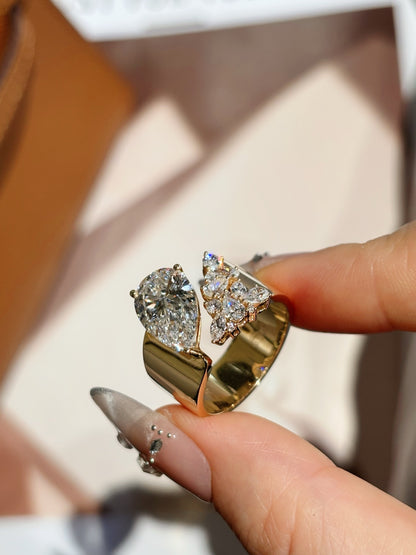 18K Yellow Gold 3.03ct D Color Pear Cut Lab Grown Diamond Bypass Statement Ring - "Aurora Bypass" Collection