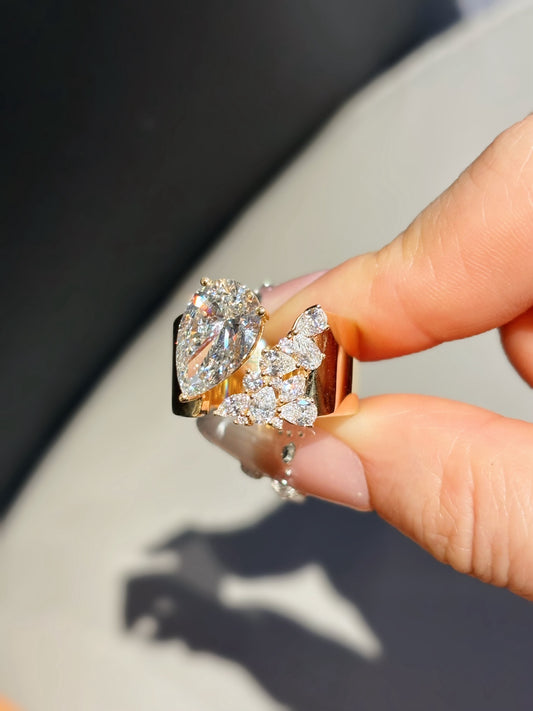 18K Yellow Gold 3.03ct D Color Pear Cut Lab Grown Diamond Bypass Statement Ring - "Aurora Bypass" Collection