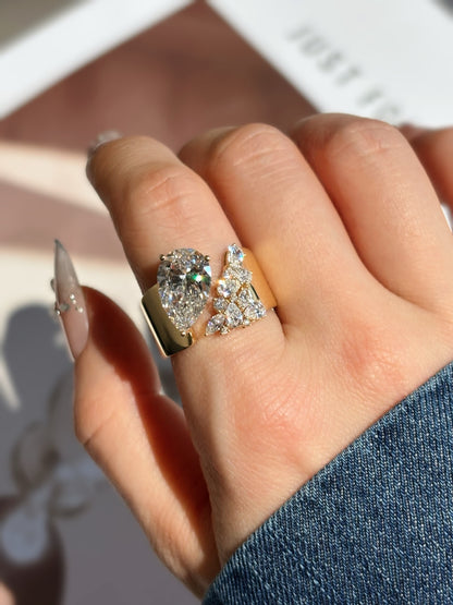18K Yellow Gold 3.03ct D Color Pear Cut Lab Grown Diamond Bypass Statement Ring - "Aurora Bypass" Collection