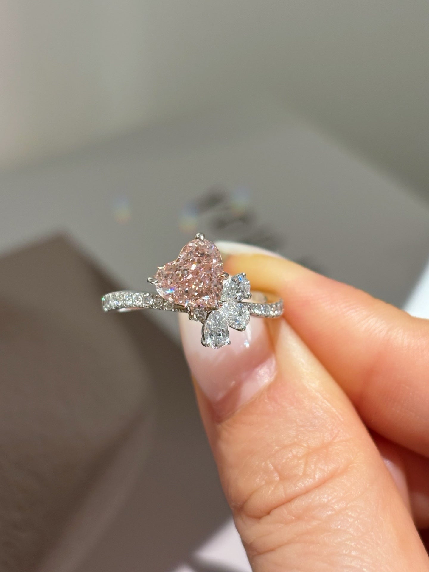 1.31ct Heart Cut Pink Lab Grown Diamond Engagement Ring, 18K Two-Tone Gold Flower Ring, IGI Certified, Customizable