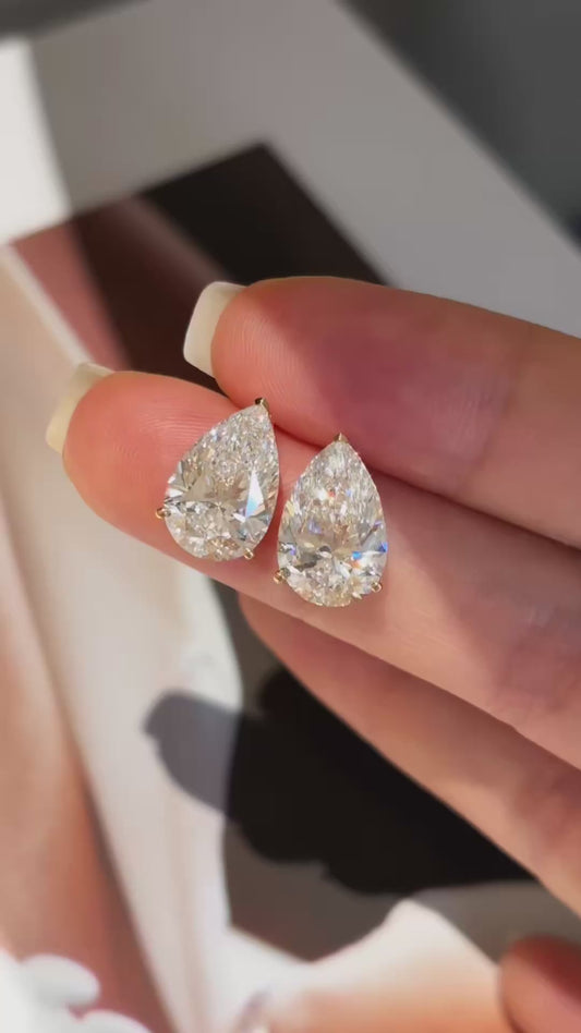 18K Yellow Gold 6.04ct D Color Pear Cut Lab Grown Diamond Solitaire Stud Earrings - "Aurora Teardrop" Collection