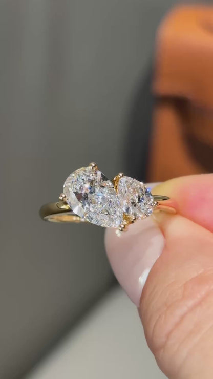 18K Yellow Gold 1.5ct D Color Oval Cut Lab Grown Diamond Toi Et Moi Ring - "Duet Bloom" Collection